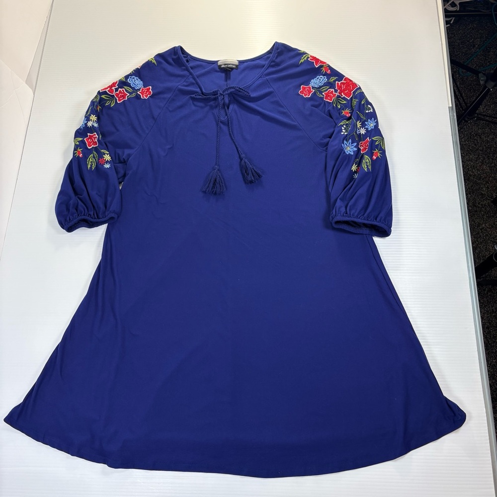 Alison Brittney Navy Blue Embroidered Sleeve Boho Dress Size L - Picture 4 of 12